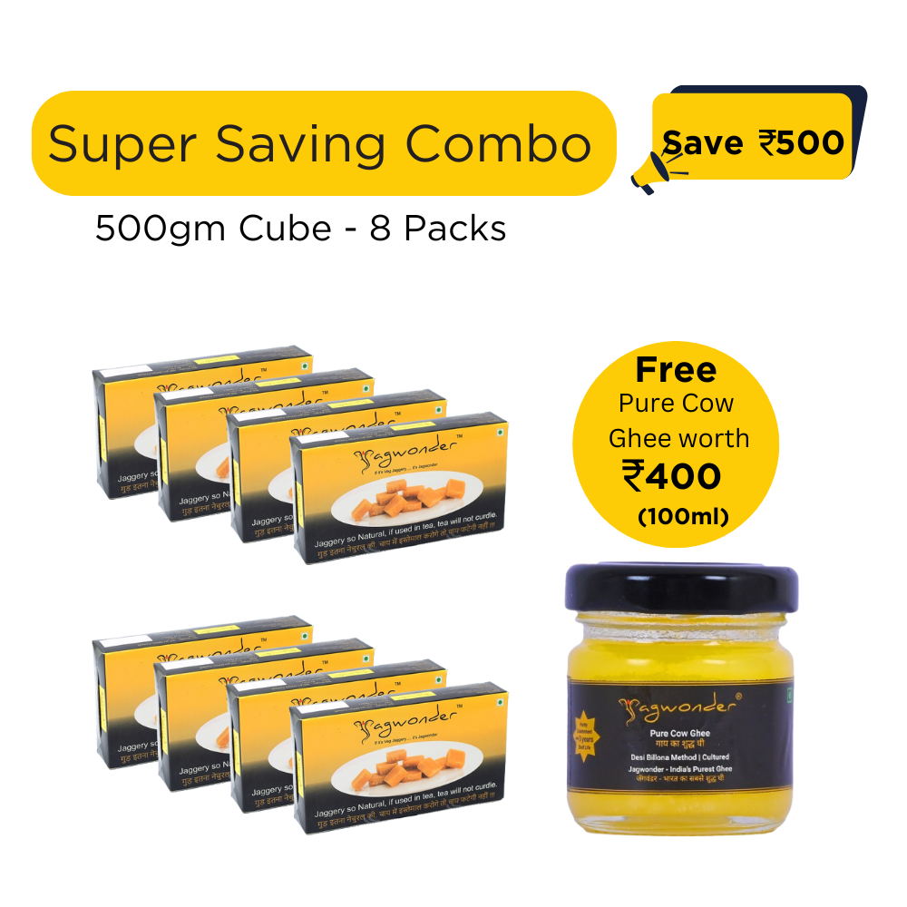 Jagwonder Jaggery Cubes 4kg (500g × 8) | Pure & Natural Gud in 5g Cubes | Chemical-Free, Hygienic | Free 100ml Cow Ghee Worth ₹400