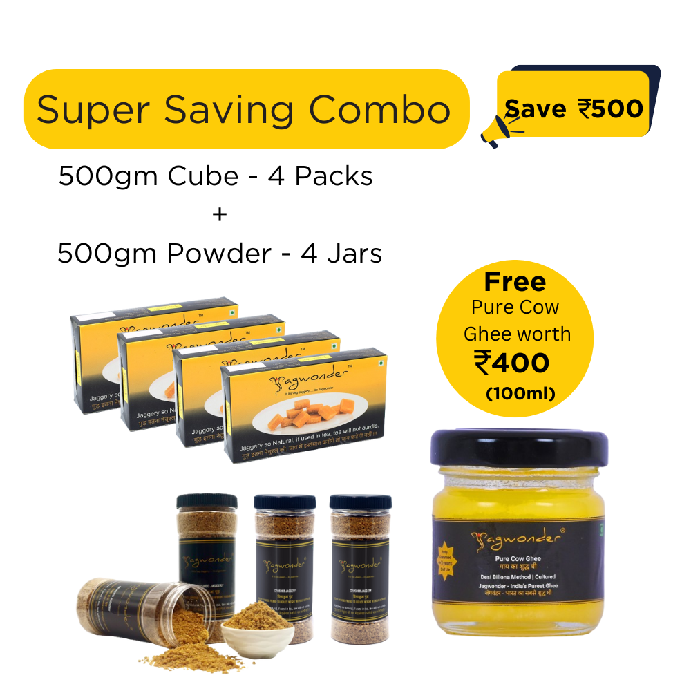 Jagwonder Jaggery Cube 2kg(500gm 4 Packs) 5gm Cube & jaggery Powder 2Kg(500gm 4 Jars) Free Gift (Pure Cow Ghee Rs.400 (100ml))