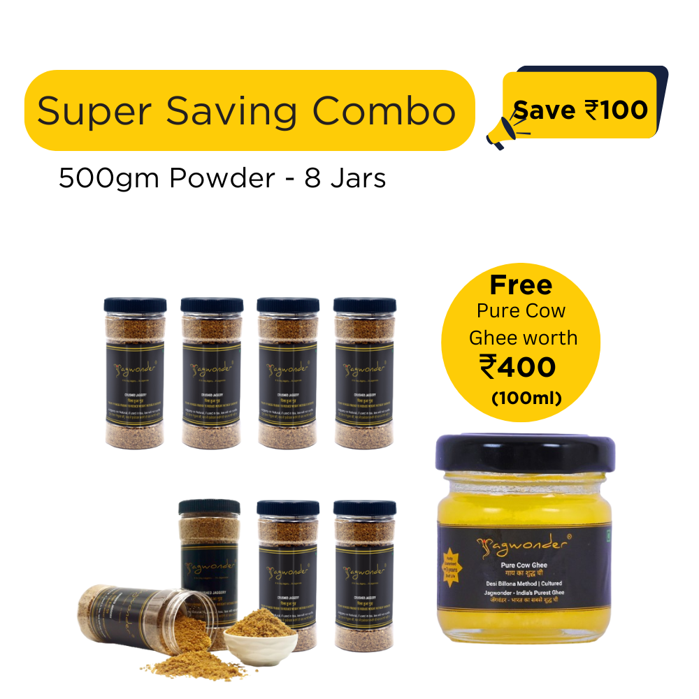 Jagwonder Natural Jaggery Powder 4Kg (8 x 500g Jars) | Crushed Natural Gud | Free Pure Cow Ghee 100ml Gift | No Chemicals, Sulphur-Free