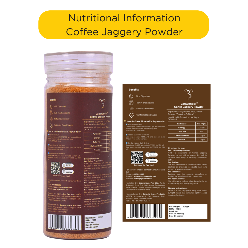 Jagwonder Coffee Jaggery Powder 200gm ( 40 Cups ) | Natural Instant Coffee with Jaggery | No Refined Sugar |