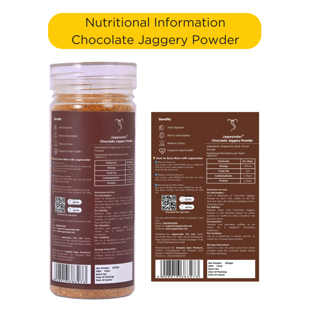 Jagwonder Chocolate Jaggery Powder 200gm ( 40 Glass )| Natural Sweetener for Milk | No Refined Sugar | Kids-Friendly