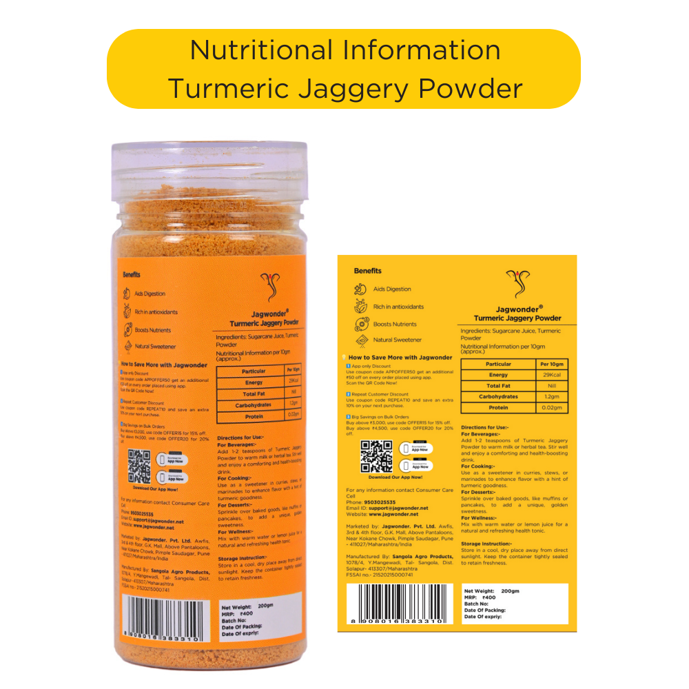 Jagwonder Turmeric Jaggery Powder 200gm | Haldi Gud Powder | Immunity Booster & Natural Sweetener