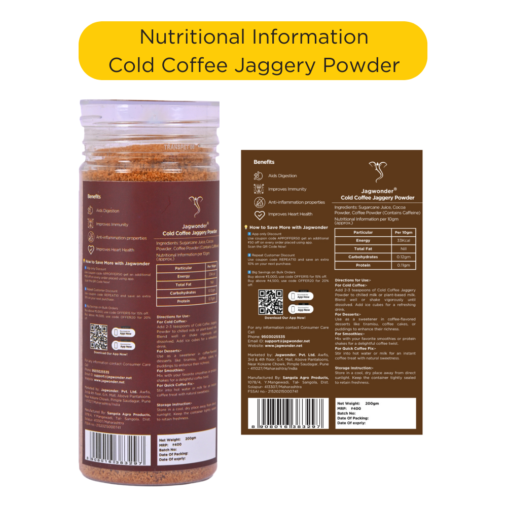 Jagwonder Instant Cold Coffee with Jaggery 200gm | 40 Glass | No Refined Sugar |