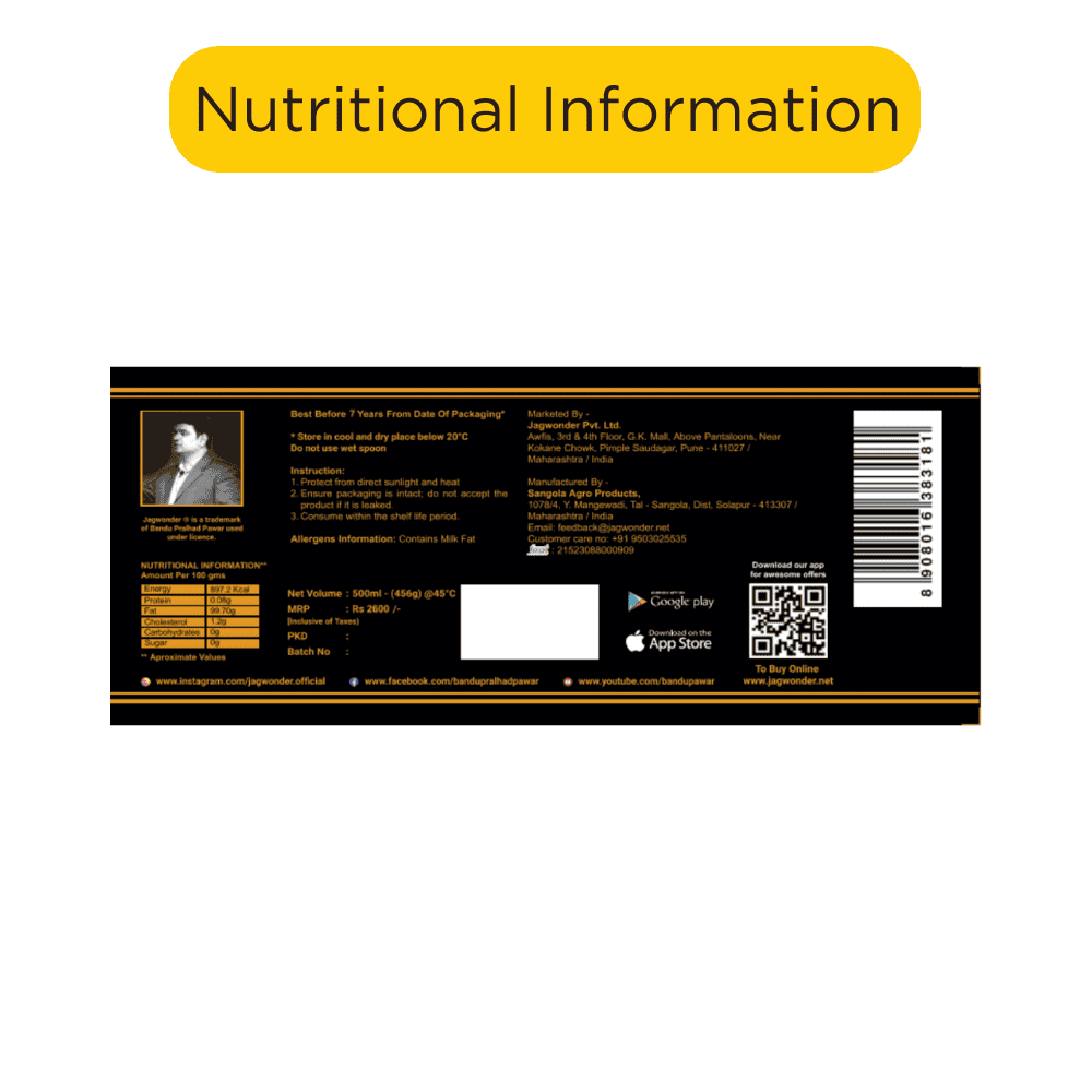 Jagwonder A2 Gir Cow Ghee 500ml, Lactose free and tulsi infused for balancing tridosha ,Billona Method, Cultured in food grade glass jar