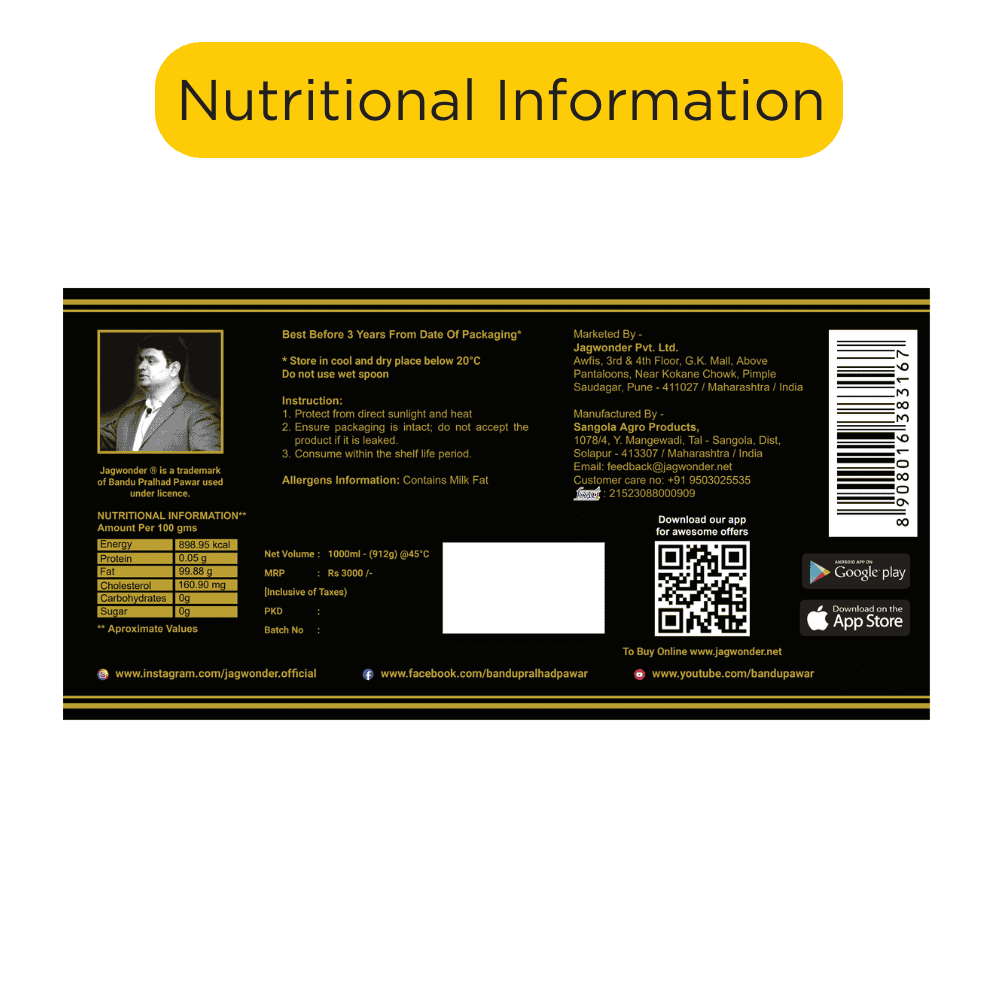 Jagwonder Pure Cow Ghee, 1 Litre 3-Pack (3 Litre) - Cultured, Billona Method, with Tulsi Infusion