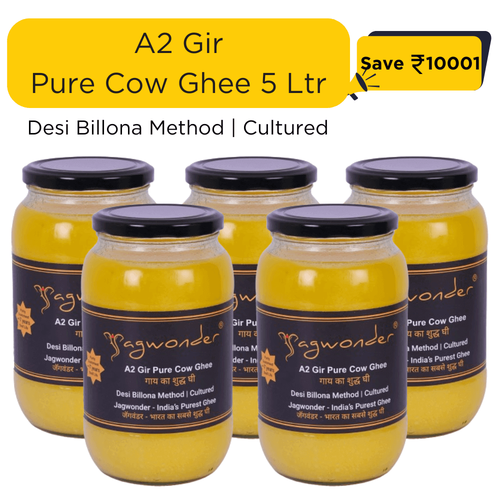 Jagwonder A2 Gir Cow Ghee 5L (1L x 5) infused with tulsi for balancing tridosha , | Cultured, Bilona Method, Pure Desi Ghee | Made in Small Batches