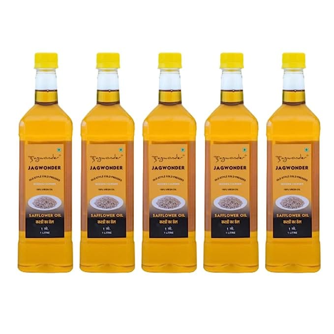 Jagwonder Cold Pressed Safflower Oil 5 litre (1 Litre 5 Bottles) Wood pressed Pack of 5