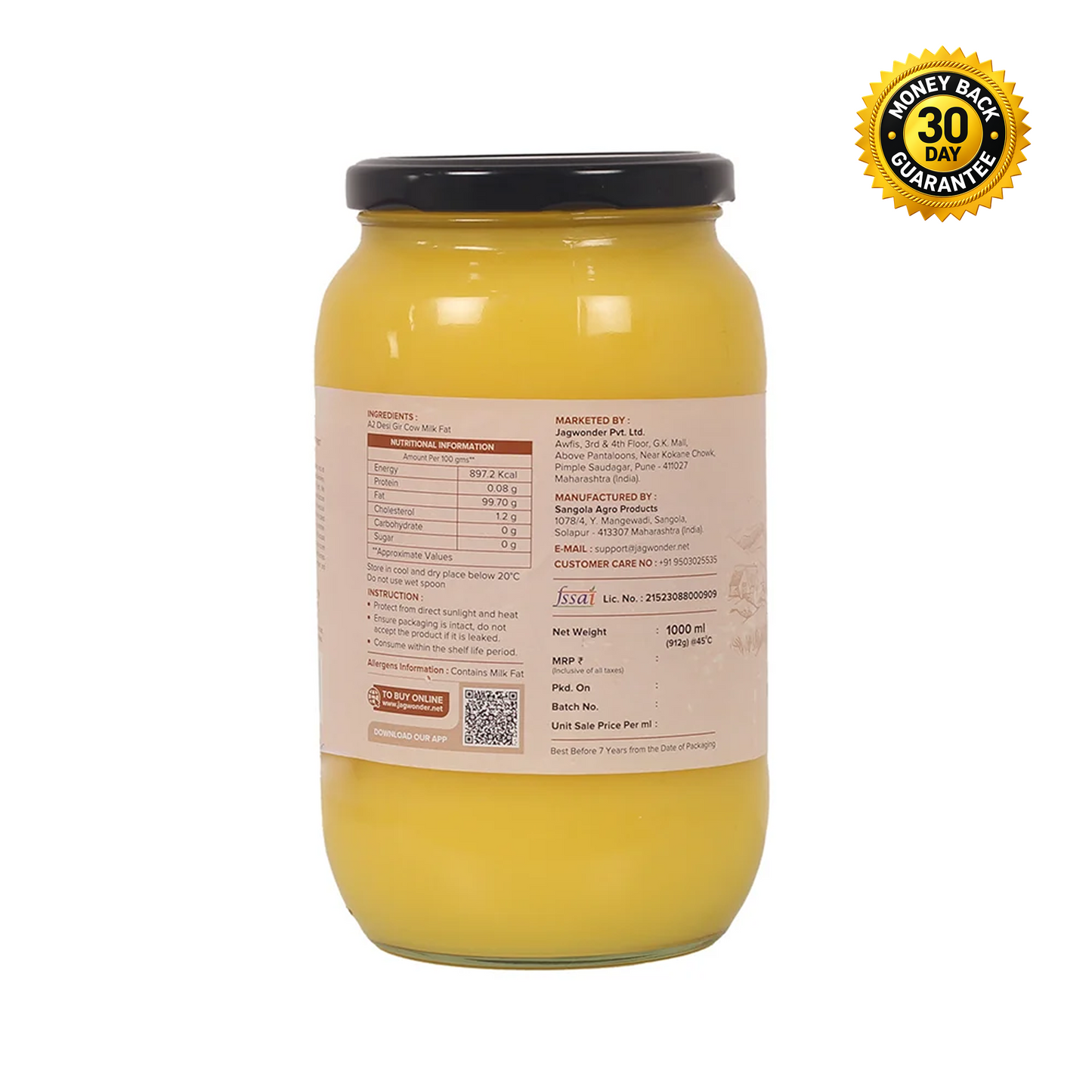 Jagwonder A2 Gir Cow Ghee 1 Ltr, Lactose free and infused with tulsi for balancing tridosha , Billona Method, Cultured, Glass Jar