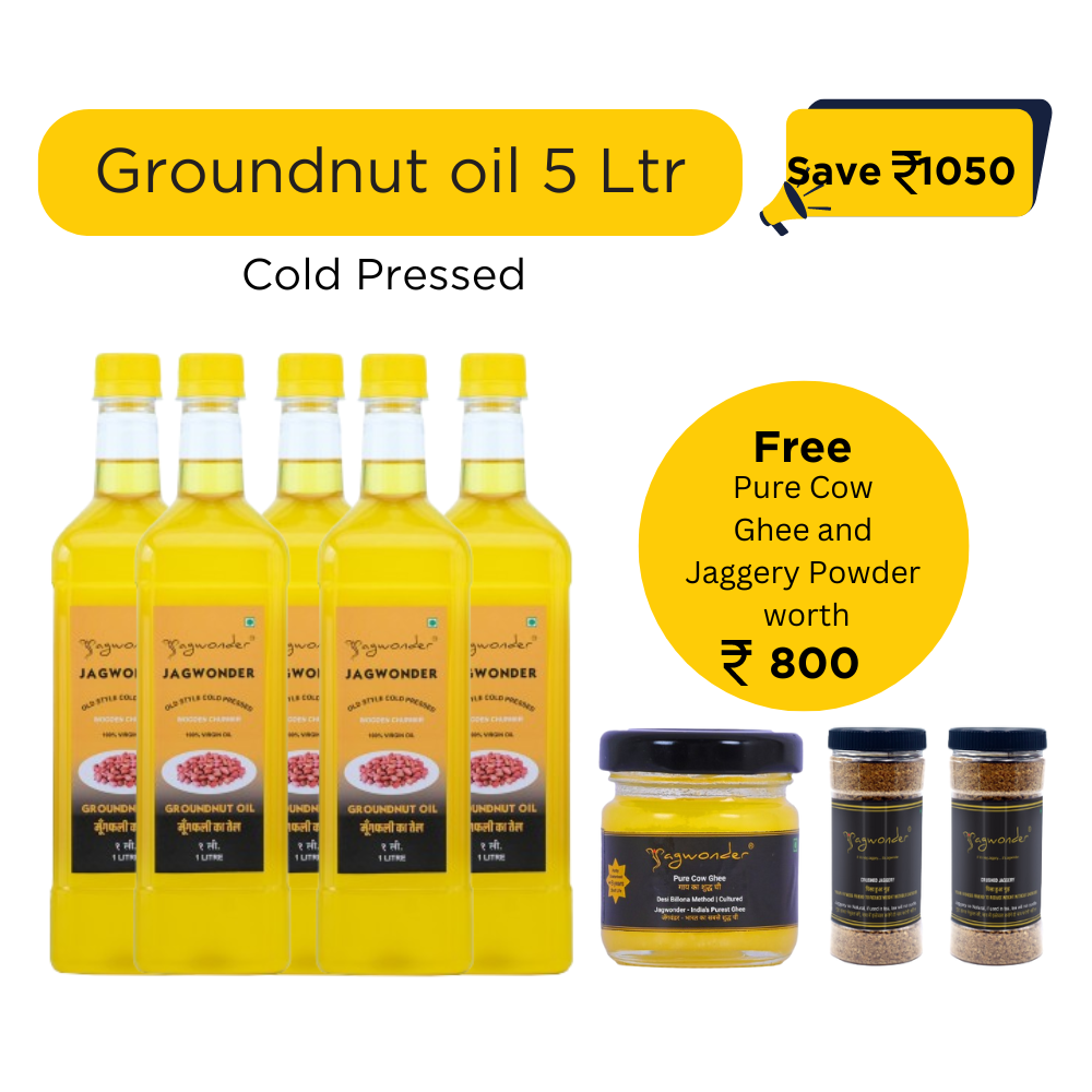 Jagwonder Cold Pressed Groundnut Peanut Oil 5 litre (1 Litre 5 Bottles) +  Free Gift ( Pure Cow Ghee worth Rs. 400 + Jaggery Powder 500gm 2 Jar worth Rs.400) worth Rs.800