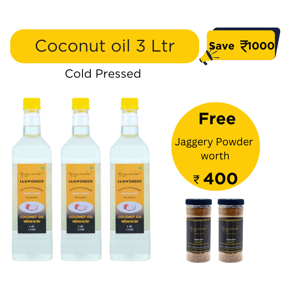 Jagwonder Cold Pressed Coconut Oil 3 litre (1 Litre 3 Bottle) +  Free Gift - Jaggery Powder 500gm 2 Jar worth Rs. 400