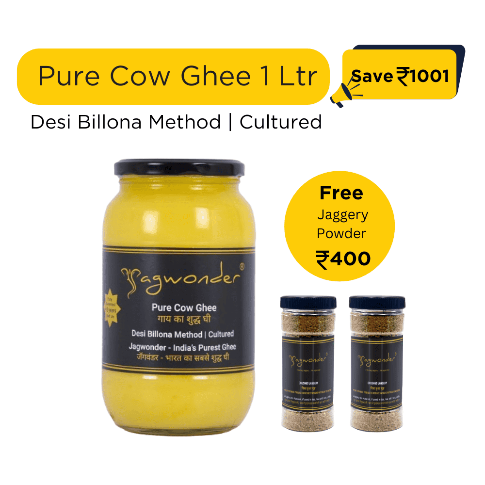 Jagwonder Pure Cow Ghee, 1 Litre Billona Method, Cultured +  Free Gift ( Jaggery Powder 500gm 2 Jar ) worth Rs.400