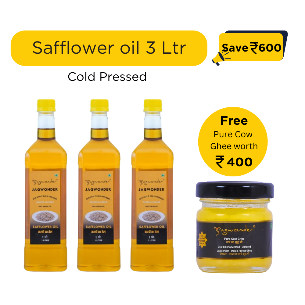 Jagwonder Cold Pressed Safflower Oil 3 litre (1 Litre 3 Bottles) +  Free Gift ( Pure Cow Ghee worth Rs. 400 )