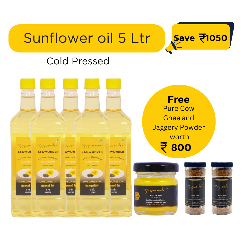 Jagwonder Cold Pressed  Sunflower Oil 5 litre (1 Litre 5 Bottles) +  Free Gift ( Pure Cow Ghee worth Rs. 400 + Jaggery Powder 500gm 2 Jar worth Rs. 400) worth Rs.800