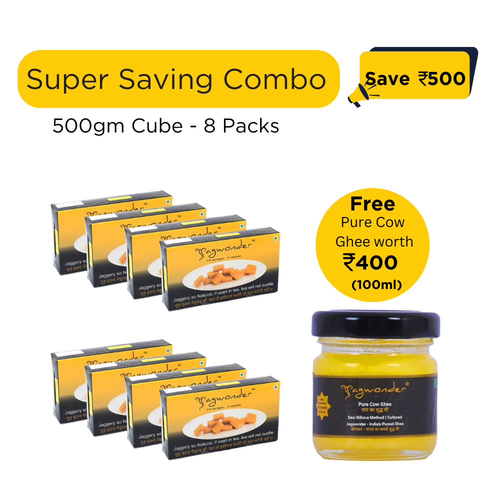 Jagwonder Jaggery Cubes 4kg ( 500gm 8 Pack ) in 5gm Cubes form +  Free Gift ( Pure Cow Ghee worth Rs. 400(100ml) )