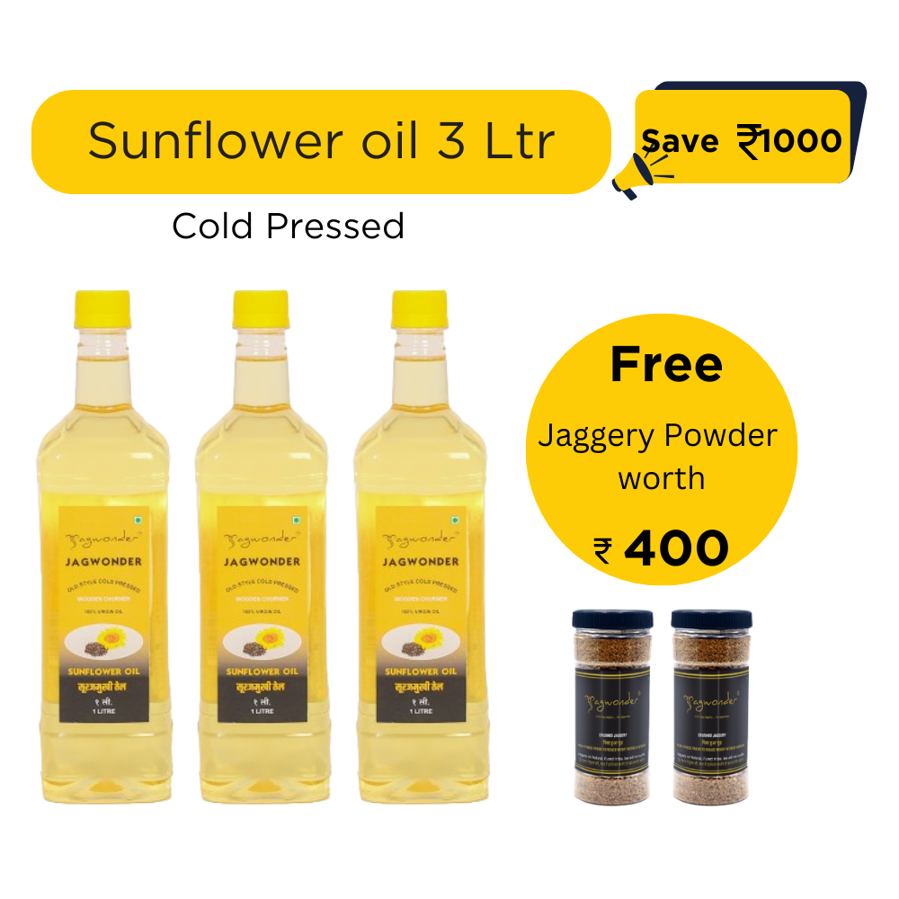 Jagwonder Cold Pressed Sunflower Oil 3 litre (2 Litre 3 Bottles) +  Free Gift - Jaggery Powder 500gm 2 Jar worth Rs. 400