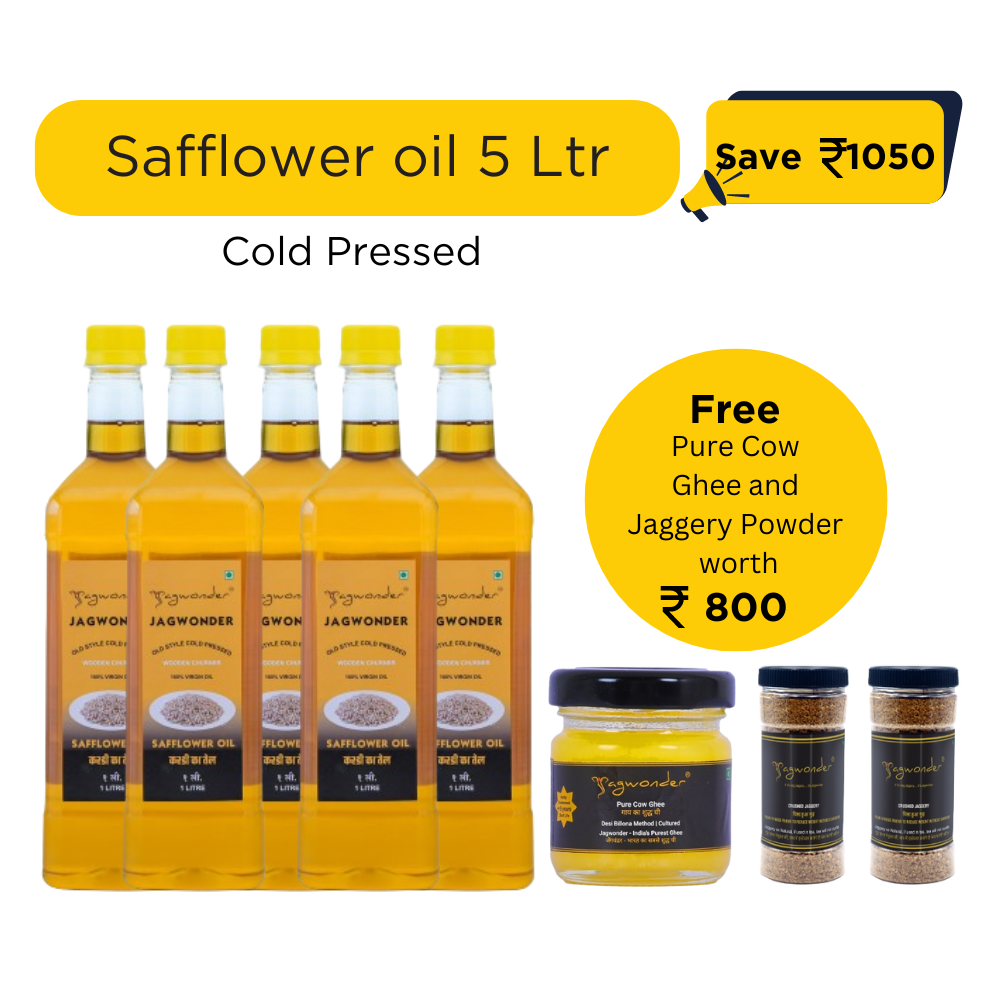 Jagwonder Cold Pressed Safflower Oil 5 litre (1 Litre 5 Bottles) +   Free Gift ( Pure Cow Ghee worth Rs. 400 + Jaggery Powder 500gm 2 Jar worth Rs. 400) worth Rs.800