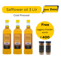 Jagwonder Cold Pressed Safflower Oil 3 litre (1 Litre 3 Bottles) + Free Gift - Jaggery Powder 500gm 2 Jar worth Rs. 400