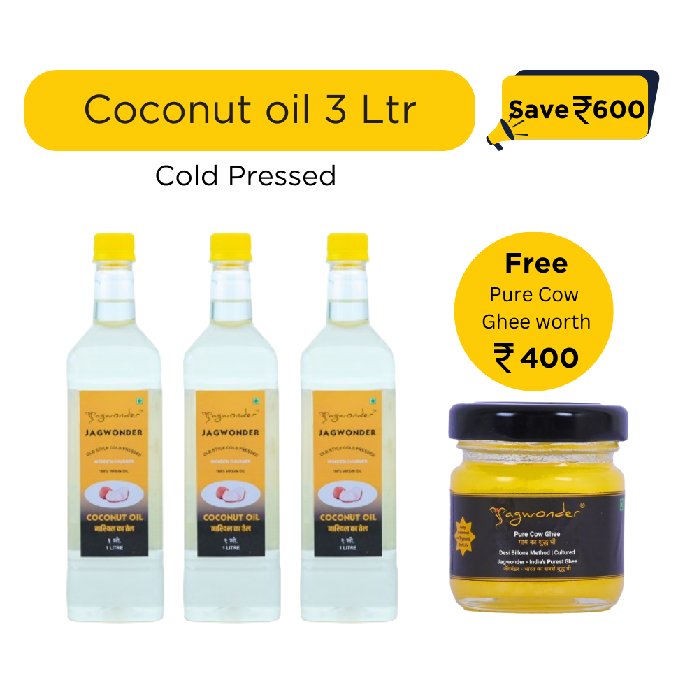 Jagwonder Cold Pressed Coconut Oil 3 litre (1 Litre 3 Bottle) +  Free Gift (Pure Cow Ghee worth Rs. 400 )