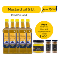 Jagwonder Cold Pressed Mustard Oil 5 litre (1 Litre 5 Bottles) +  Free Gift ( Pure Cow Ghee worth Rs. 400 + Jaggery Powder 500gm 2 Jar worth Rs.400) worth Rs.800