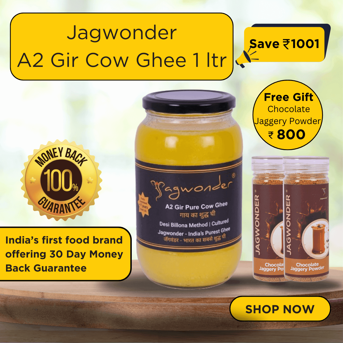 Jagwonder A2 Gir Pure Cow Ghee – 1 Litre, infused with tulsi for balancing tridosha , Billona Method, Cultured, Glass Jar + Free Chocolate Jaggery Powder (2 x 200gm) Worth Rs.800
