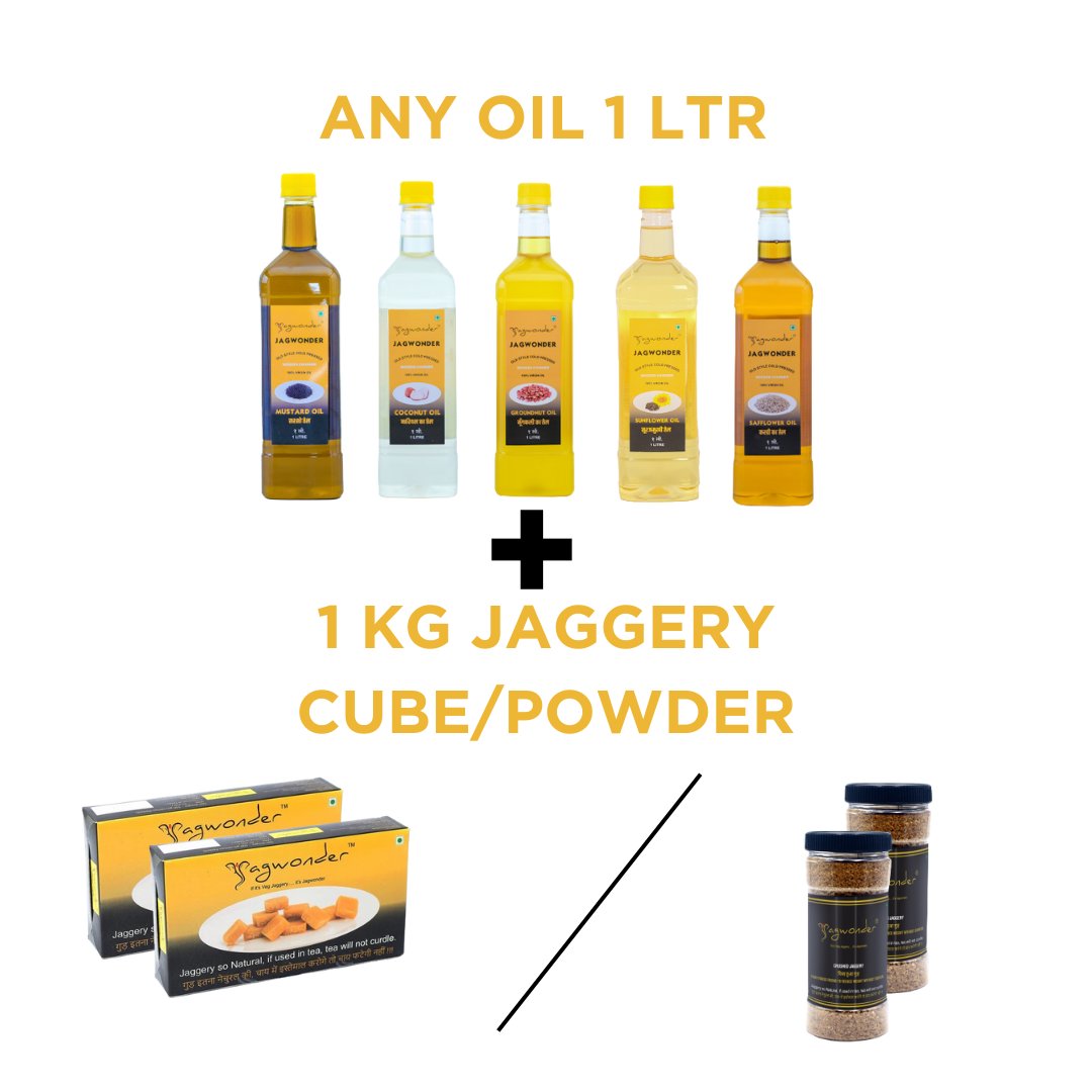 Offer 1 LTR Oil and Jaggery 1kg Cube in 5 gm Cube form or 1Kg Jaggery Powder