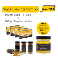 Jagwonder Jaggery Cube 2kg ( 500gm 4 Packs ) in 5gm Cube form and Jaggery Powder 2Kg ( 500gm 4 Jars ) Crushed form +  Free Gift ( Pure Cow Ghee worth Rs. 400 ( 100ml) )