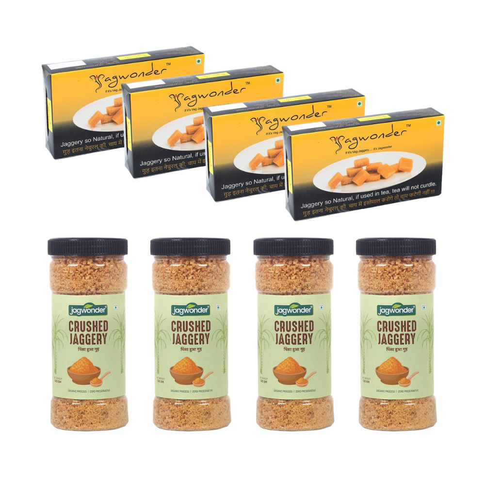 Jagwonder Jaggery Cube 2kg(500gm 4 Packs) 5gm Cube & jaggery Powder 2Kg(500gm 4 Jars)