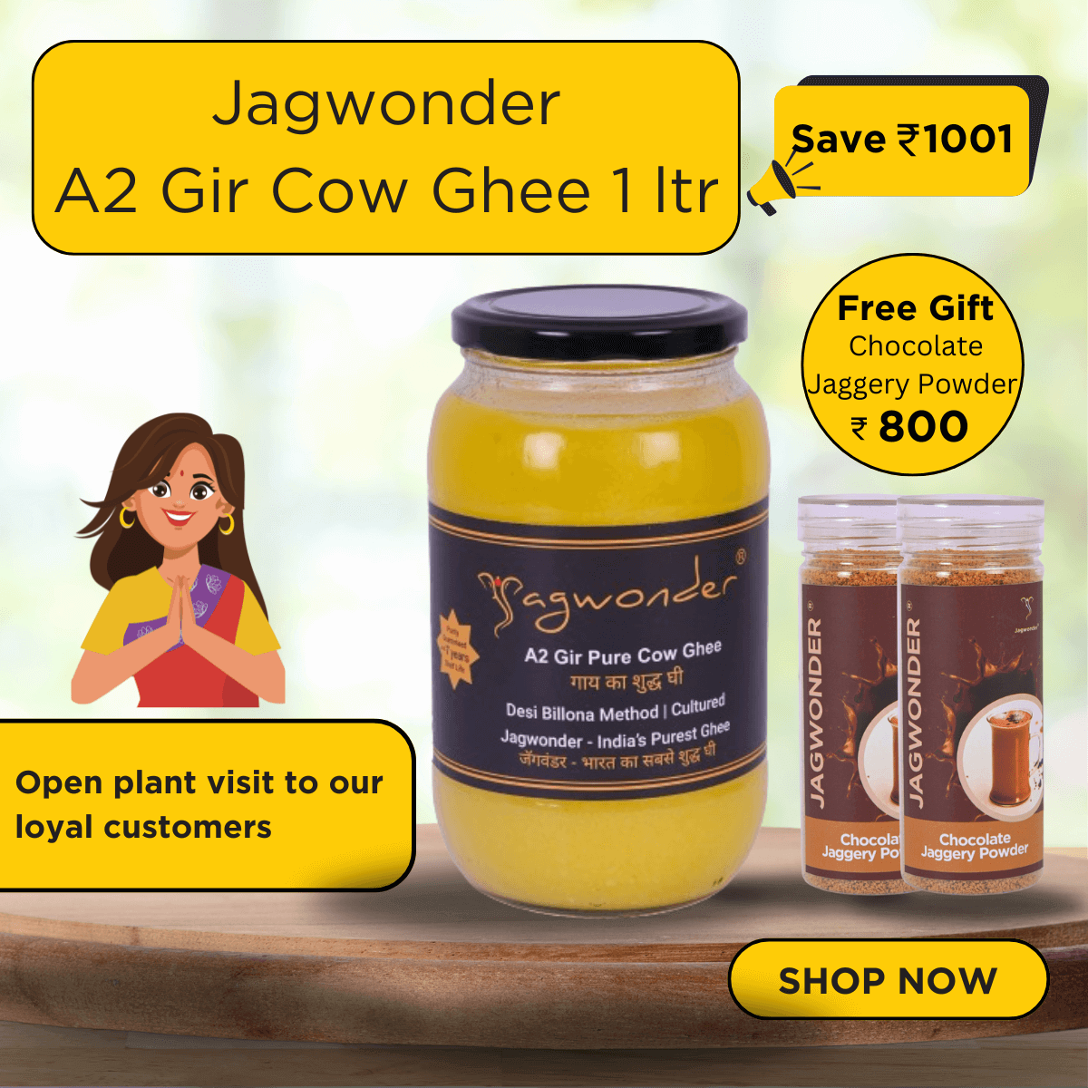 Jagwonder A2 Gir Pure Cow Ghee – 1 Litre, infused with tulsi for balancing tridosha , Billona Method, Cultured, Glass Jar + Free Chocolate Jaggery Powder (2 x 200gm) Worth Rs.800