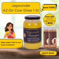 Jagwonder A2 Gir Pure Cow Ghee – 1 Litre, infused with tulsi for balancing tridosha , Billona Method, Cultured, Glass Jar + Free Chocolate Jaggery Powder (2 x 200gm) Worth Rs.800