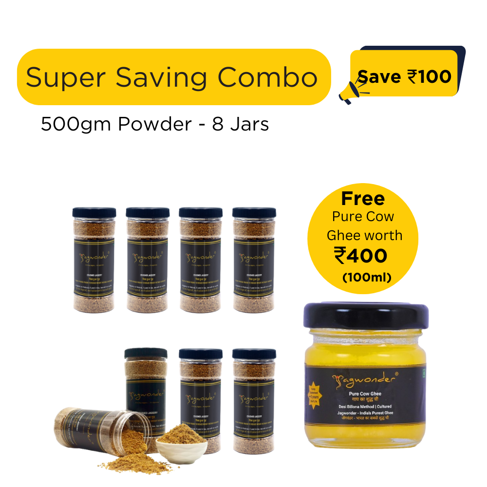 Jagwonder Jaggery Powder 4Kg  ( 500gm 8 Jars ) Crushed form +  Free Gift ( Pure Cow Ghee worth Rs. 400(100ml) )