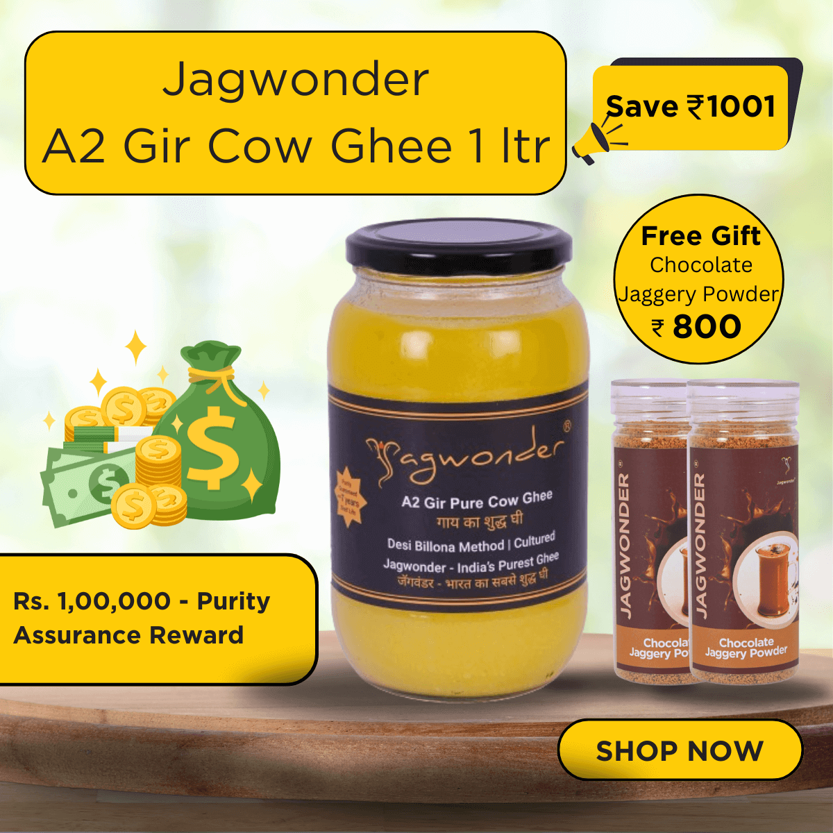 Jagwonder A2 Gir Pure Cow Ghee – 1 Litre, infused with tulsi for balancing tridosha , Billona Method, Cultured, Glass Jar + Free Chocolate Jaggery Powder (2 x 200gm) Worth Rs.800