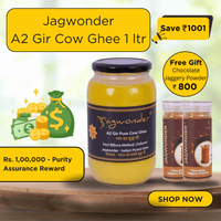 Jagwonder A2 Gir Pure Cow Ghee – 1 Litre, infused with tulsi for balancing tridosha , Billona Method, Cultured, Glass Jar + Free Chocolate Jaggery Powder (2 x 200gm) Worth Rs.800