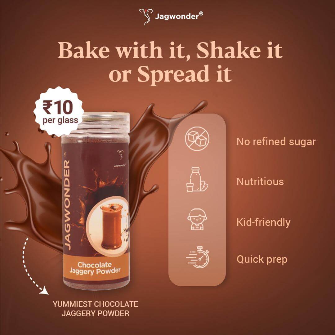 Jagwonder Chocolate Jaggery Powder 200gm ( 40 Glass )| Natural Sweetener for Milk | No Refined Sugar | Kids-Friendly