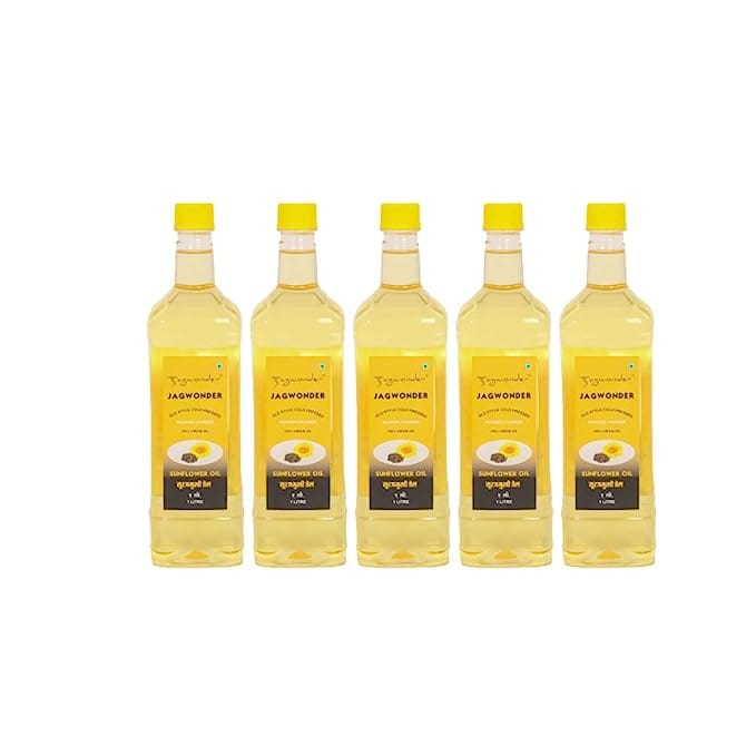 Jagwonder Cold Pressed  Sunflower Oil 5 litre (5 Litre 5 Bottles) Wood Pressed Pack of 5