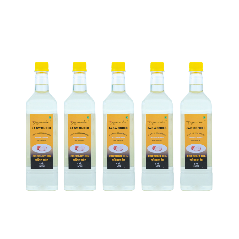 Jagwonder Cold Pressed Coconut Oil 5 litre (1 Litre 5 Bottle) + Free Gift Jaggery Powder ( 500gm 2 Jar worth RS. 400