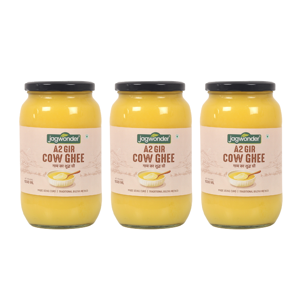 Jagwonder A2 Gir Cow Ghee 3L (1L x 3) – Lactose free and  infused with tulsi for balancing tridosha ,Cultured, Billona Method, Small Batch, Pure Desi Ghee