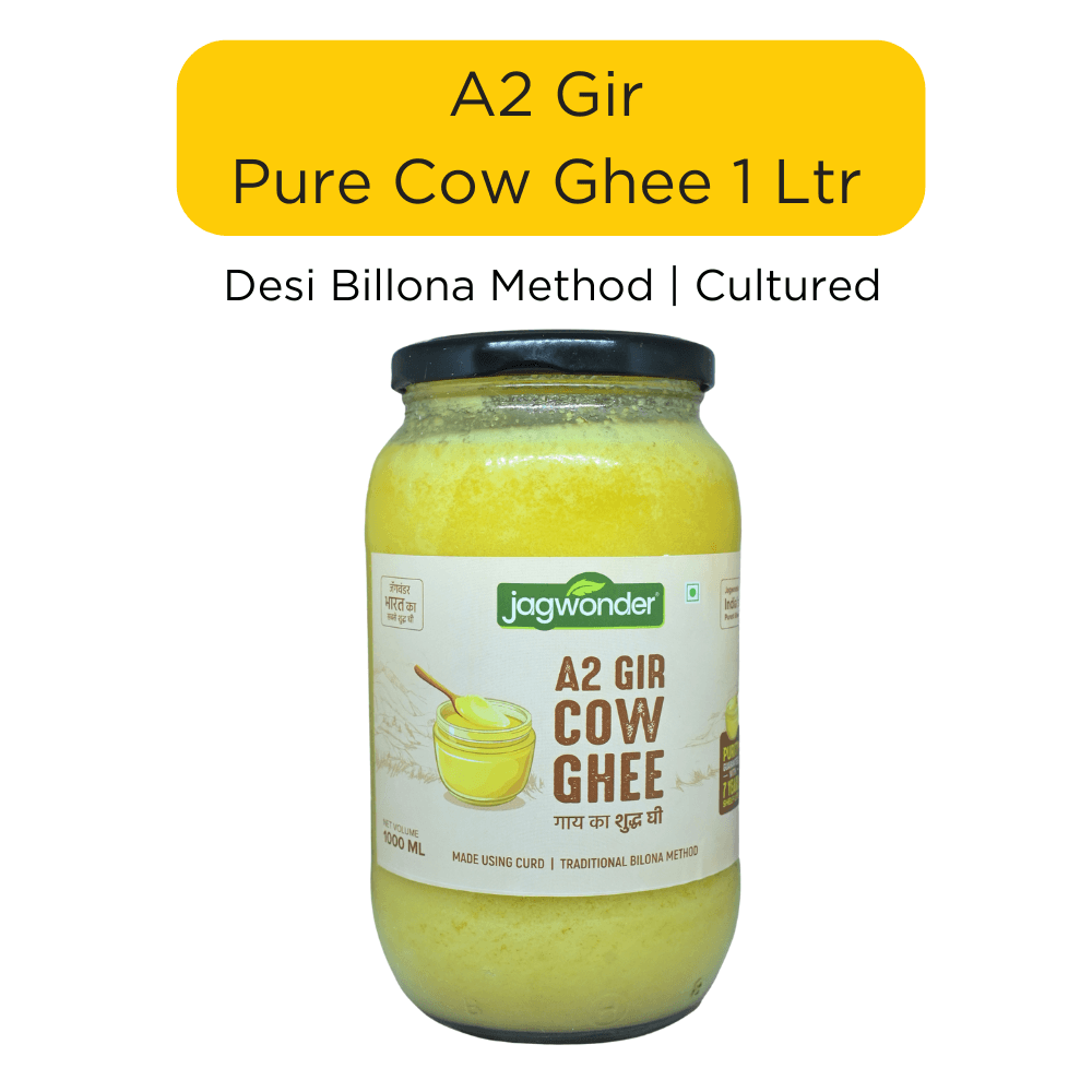 Jagwonder A2 Gir Cow Ghee 1 Ltr, Lactose free and infused with tulsi for balancing tridosha , Billona Method, Cultured, Glass Jar