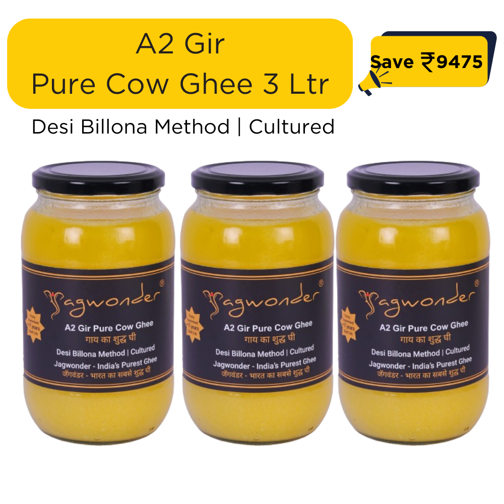 Jagwonder A2 Gir Cow Ghee 3L (1L x 3) – Lactose free and  infused with tulsi for balancing tridosha ,Cultured, Billona Method, Small Batch, Pure Desi Ghee