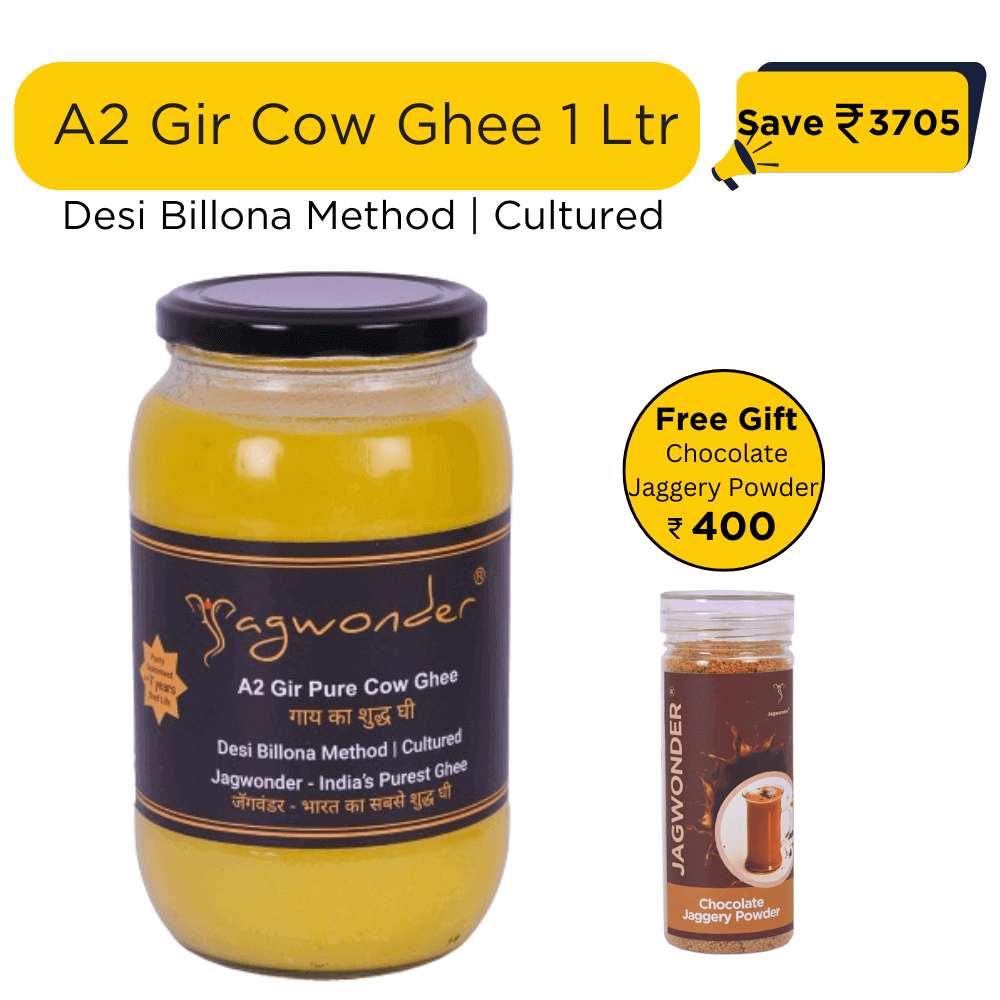 Jagwonder A2 Gir Pure Cow Ghee – 1 Litre, infused with tulsi for balancing tridosha , Billona Method, Cultured, Glass Jar + Free Gift Chocolate Jaggery Powder worth Rs 400