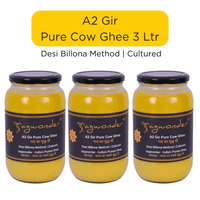 Jagwonder A2 Gir Cow Ghee 3L (1L x 3) – Lactose free and  infused with tulsi for balancing tridosha ,Cultured, Billona Method, Small Batch, Pure Desi Ghee