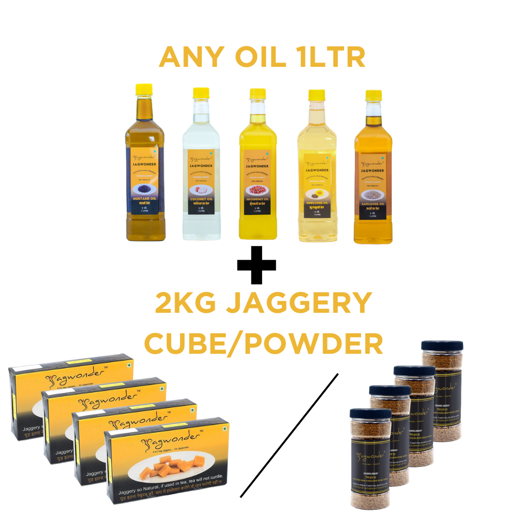 Offer  1 LTR Oil and Jaggery 2kg Cube in 5 gm Cube form or 2Kg Jaggery Powder