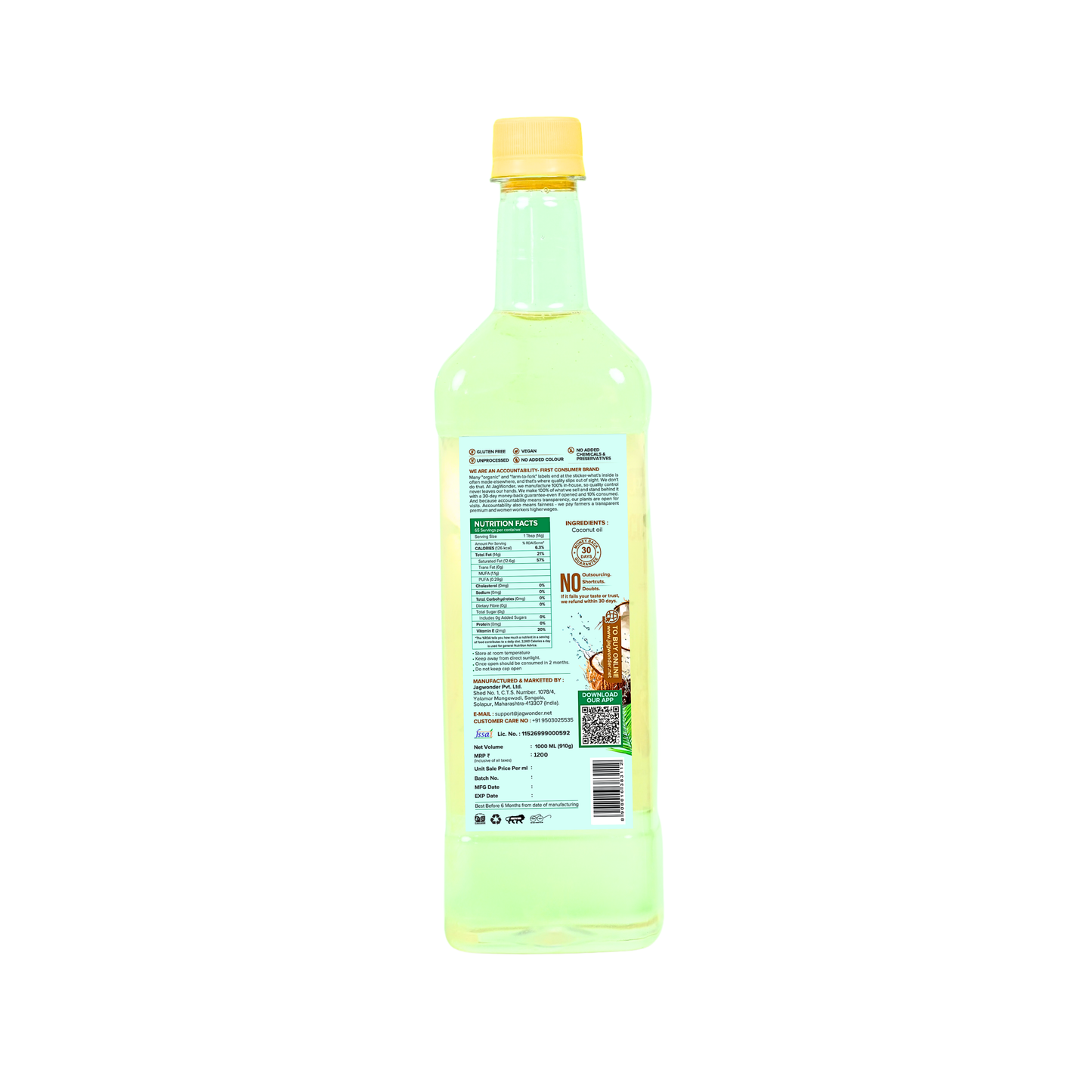 Jagwonder Cold Pressed Coconut Oil 5 litre (1 Litre 5 Bottle) + Free Gift Jaggery Powder ( 500gm 2 Jar worth RS. 400