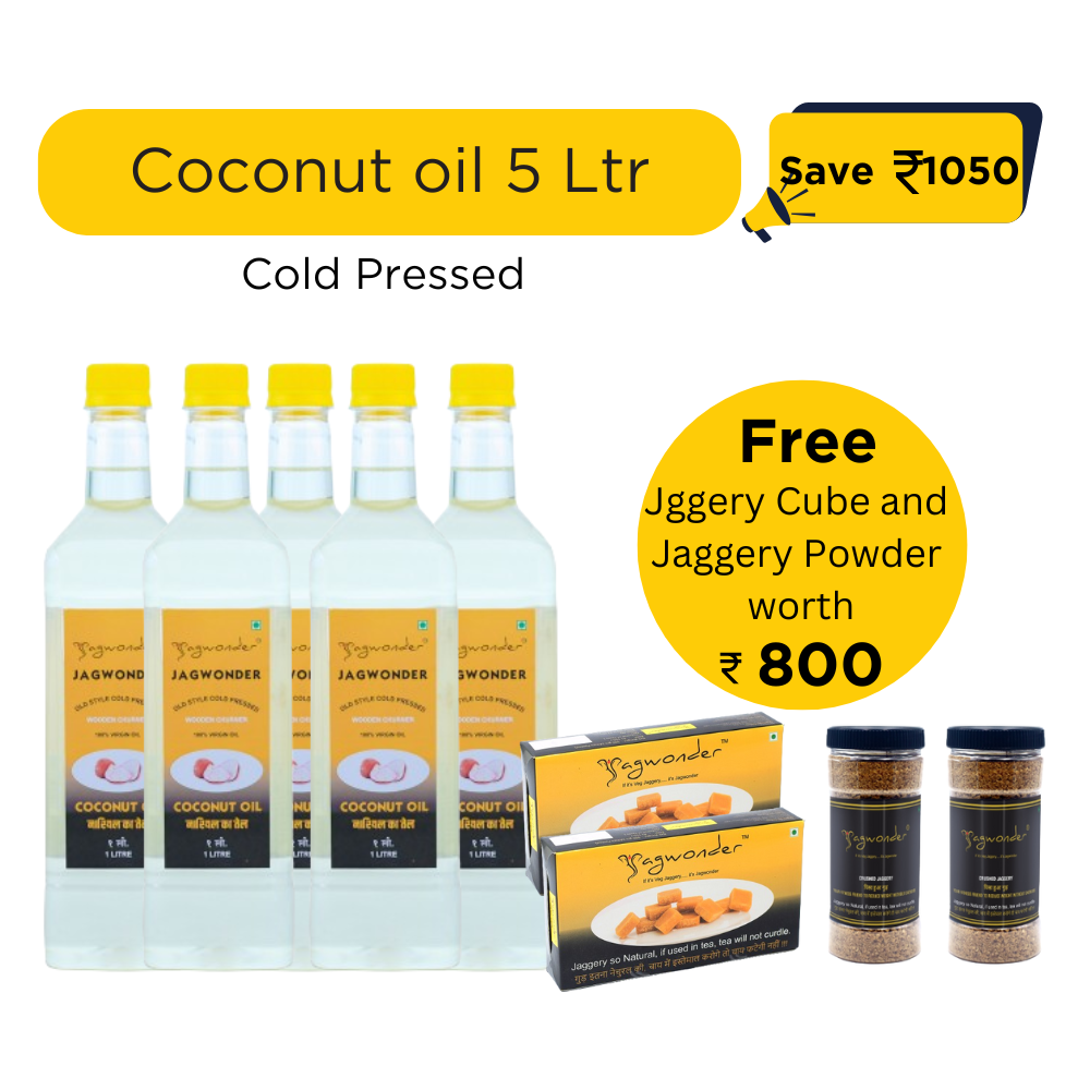 Jagwonder Cold Pressed Coconut Oil 5 litre (1 Litre 5 Bottle) + Free Gift (Jaggery Cube 500gm 2 Pack worth Rs. 400  + Jaggery Powder 500gm 2 Jar worth RS. 400) worth Rs.800