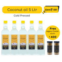 Jagwonder Cold Pressed Coconut Oil 5 litre (1 Litre 5 Bottle) + Free Gift Jaggery Powder ( 500gm 2 Jar worth RS. 400