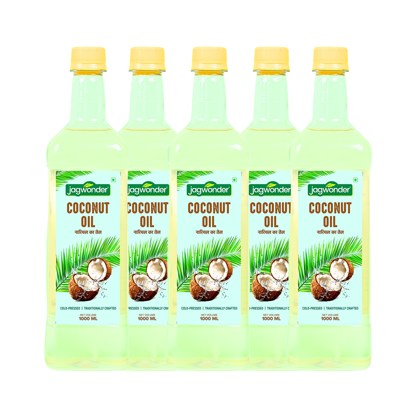 Jagwonder Cold Pressed Coconut Oil 5 litre (1 Litre 5 Bottle) + Free Gift Jaggery Powder ( 500gm 2 Jar worth RS. 400
