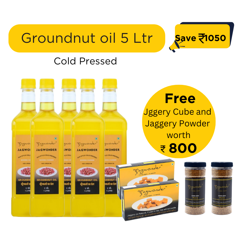 Jagwonder Cold Pressed Groundnut Peanut Oil 5 litre (1 Litre 5 Bottles) +  Free Gift ( Jaggery Cube 500gm 2 Pack worth Rs. 400(100ml) + Jaggery Powder 500gm 2 Jar worth Rs.400) worth Rs.800