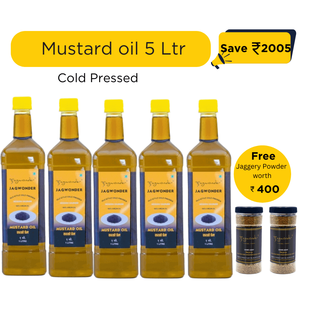 Jagwonder Cold Pressed Mustard Oil 5 ltr (1 Ltr 5 Bottles) + Free Gift Jaggery Powder 500gm 2 Jar worth Rs 400