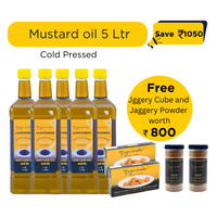 Jagwonder Cold Pressed Mustard Oil 5 litre (1 Litre 5 Bottles) +  Free Gift ( Jaggery Cube 500gm 2 Pack worth Rs. 400 + Jaggery Powder 500gm 2 Jar worth Rs.400) worth Rs.800