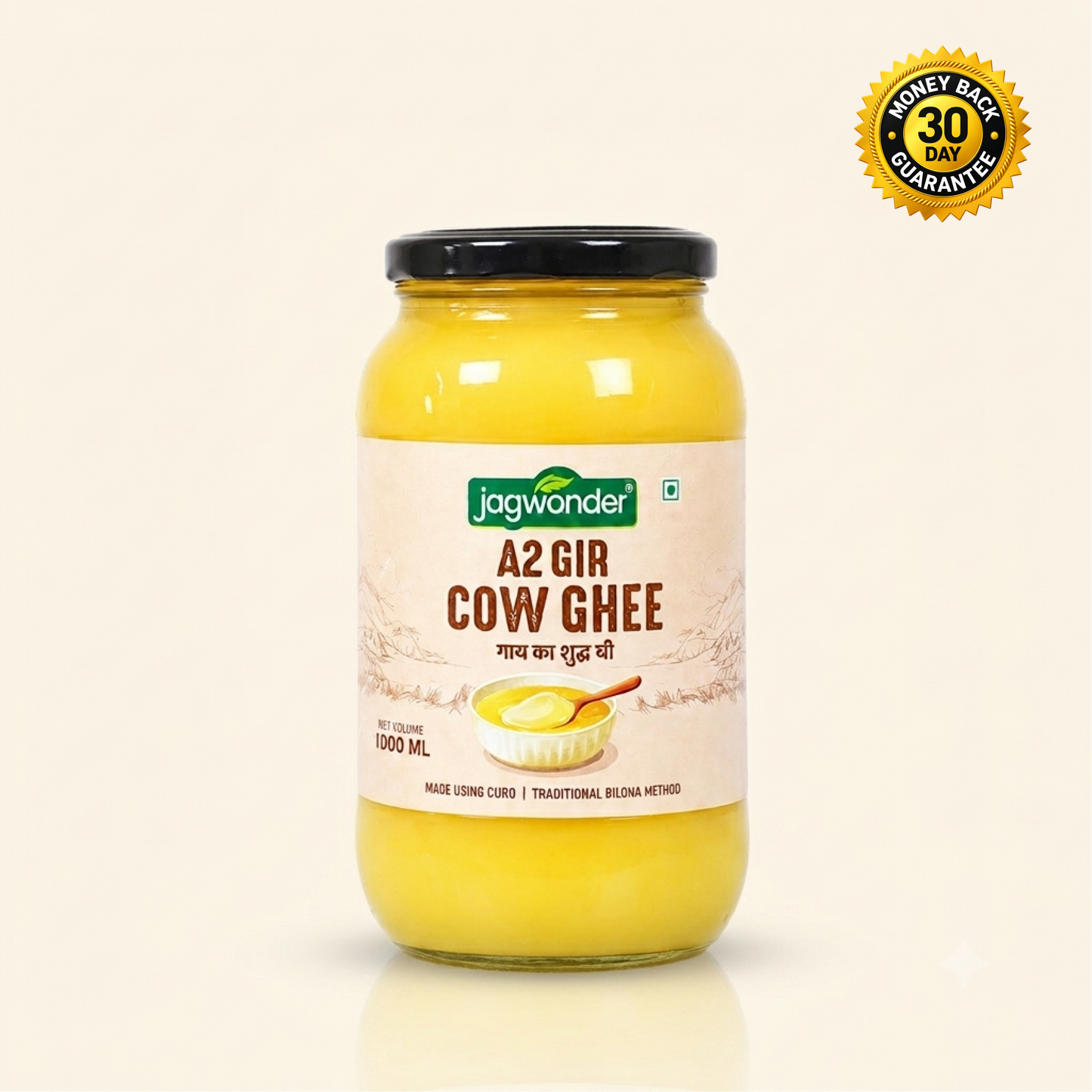 Jagwonder A2 Gir Cow Ghee 1 Ltr, Lactose free and infused with tulsi for balancing tridosha , Billona Method, Cultured, Glass Jar
