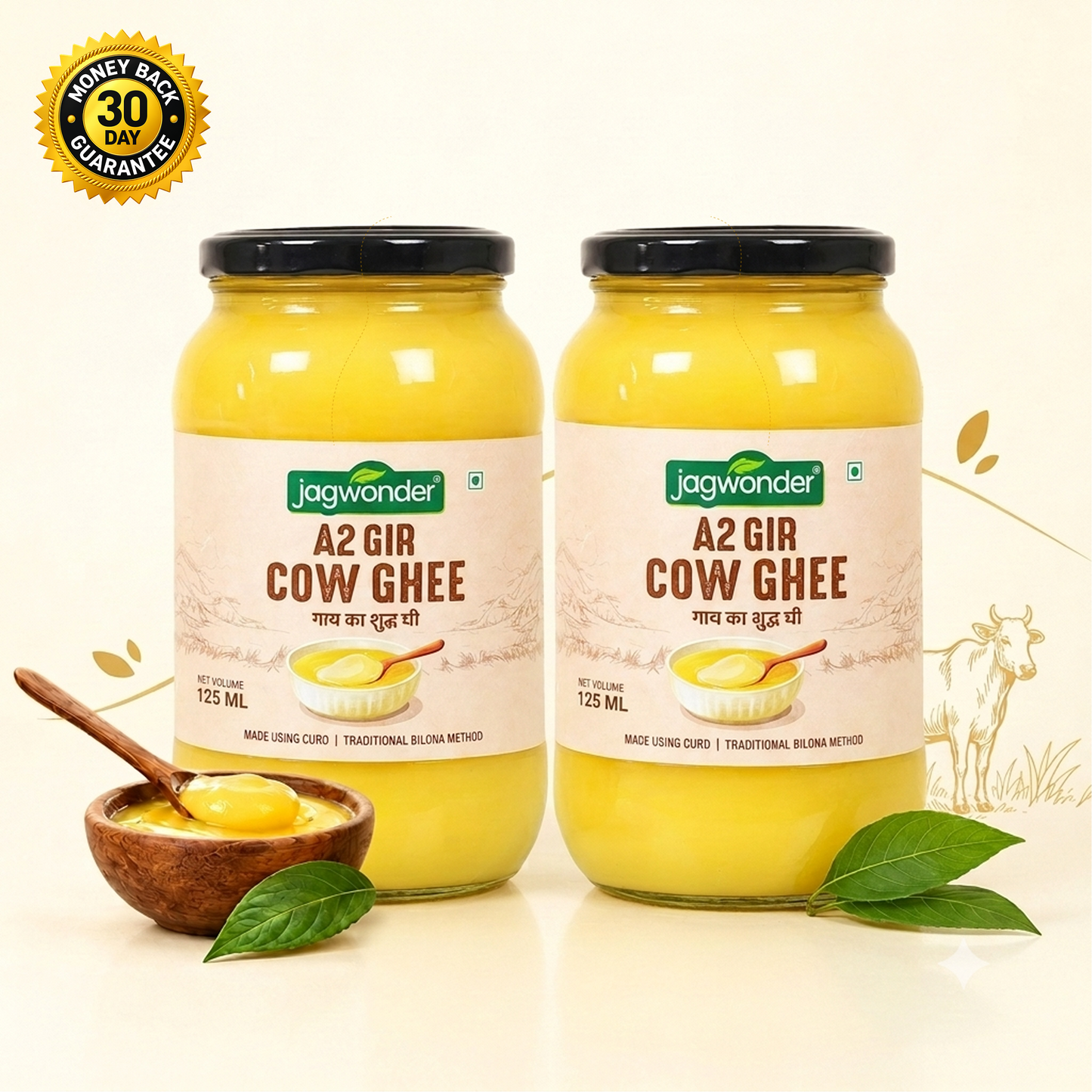Jagwonder A2 Gir Cow Ghee 250ml ( 125ml*2) Lactose free ,  infused with tulsi for balancing tridosha , | Cultured, Bilona Method, Pure Desi Ghee | Made in Small Batches